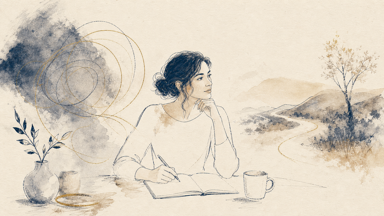 Stylised illustration of a woman pausing before reacting to a worry