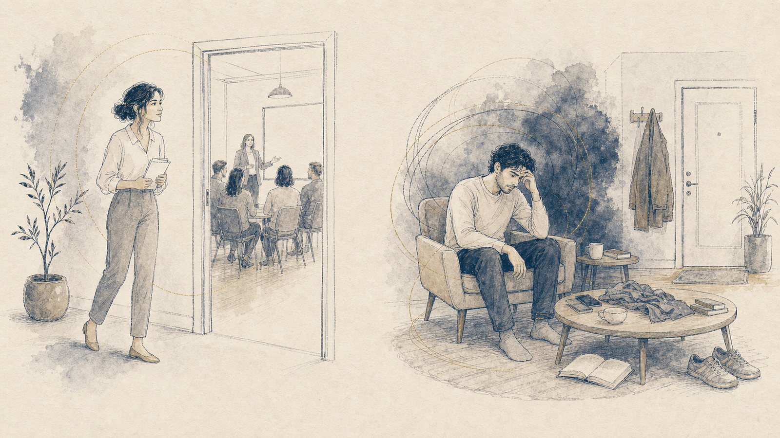 Two adults experience distress differently. One continues towards a presentation while feeling nervous. The other is unable to continue ordinary activities because anxiety and prolonged overthinking have restricted his life.