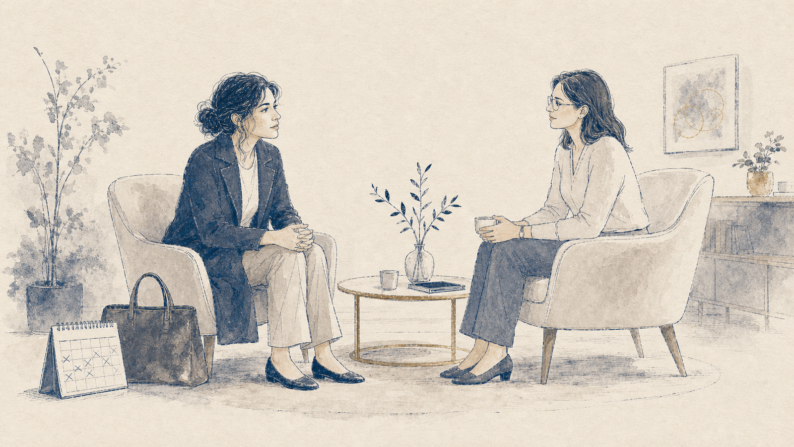 A woman has a one to one conversation with a psychologist after anxiety and prolonged overthinking have started restricting ordinary life.
